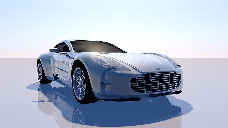 Aston, räystäspääsky, Yhden 77, urheiluauto, auto, muoto, metallinen, auringon heijastukset, varjo, sali, betoniseinä