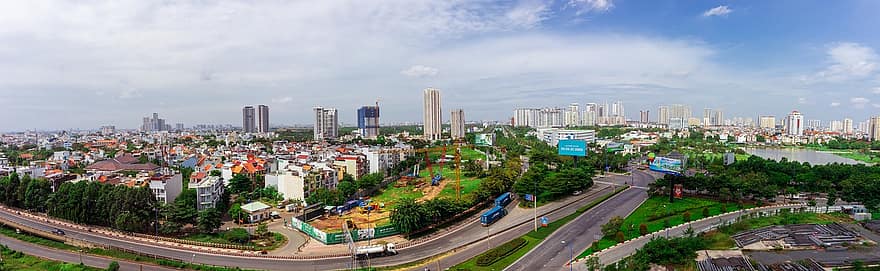 місто Хошимін, В'єтнам, місто, панорама, сайгон, міський пейзаж, будівель, горизонт, хмарочосів, вул, дорога