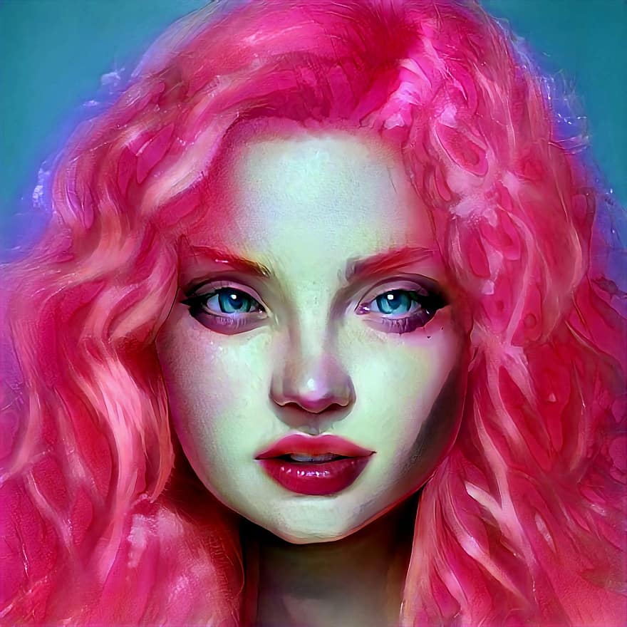 mujer, cara, cabello rosado, maquillaje, digital, niña