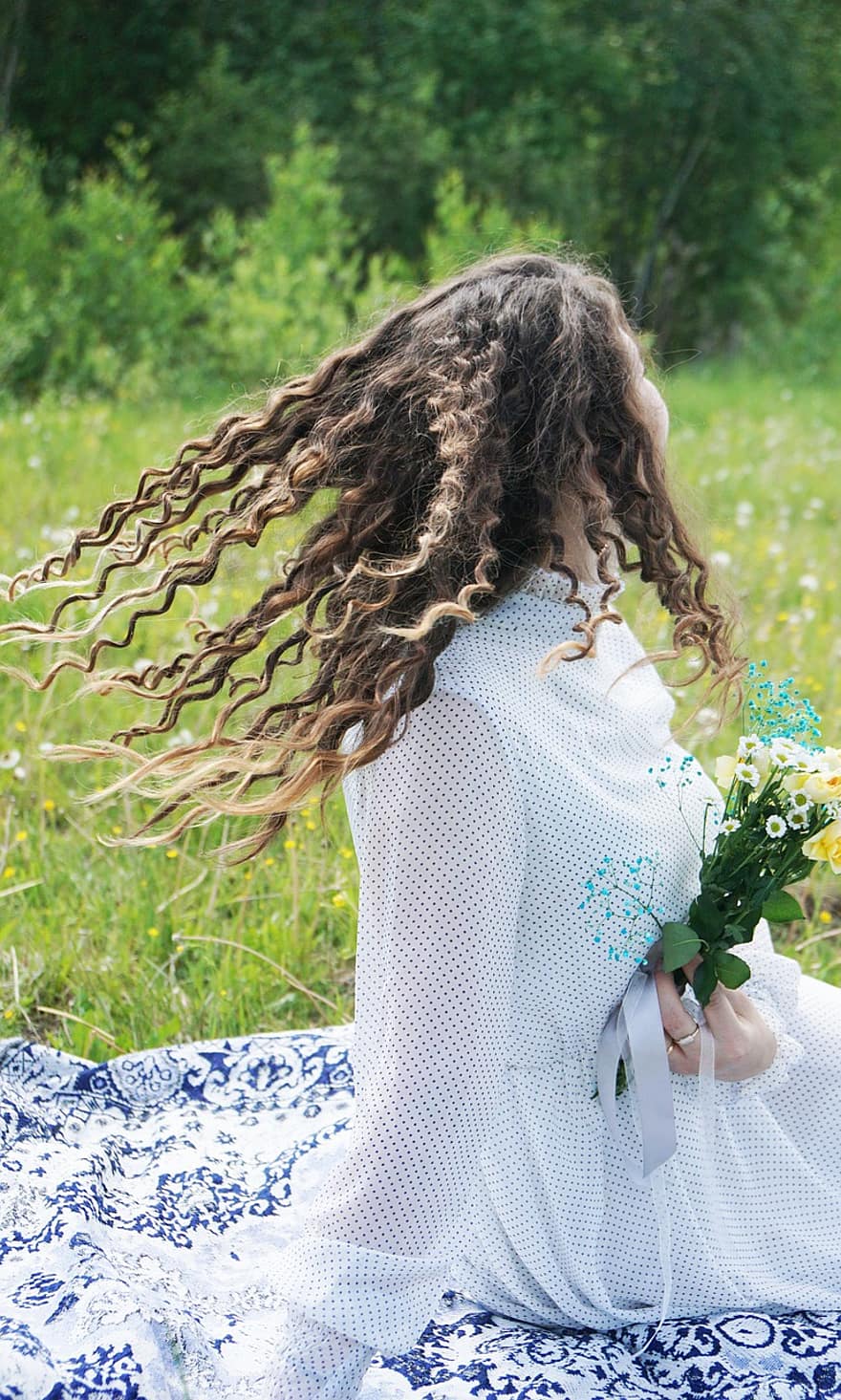 Girl, Curly Hair, White Dress, Hairstyle, Fashion, Style, Nature, Dress, Woman, Summer, Flowers