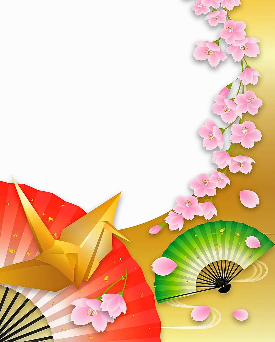japonų fonas, gerbėjai, origami, sakura gėlės, vyšnių žiedas, japonų kalba, spalvos, auksas, žiedas, filialas, Japonijos dizainas