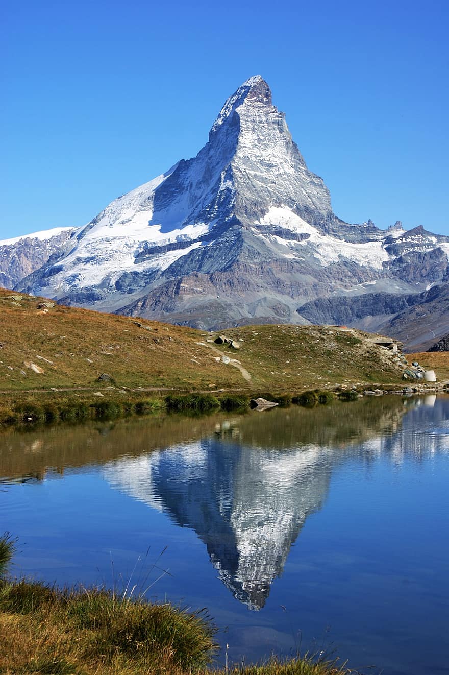 vuori, järvi, kokous, huippu, lumi vuori, niitty, Alpit, alppi-, veden heijastus, heijastus, Sveitsi