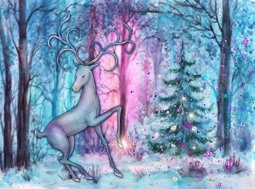 Deer, Forest, Gems, Animal, Magical Deer, Fabulous Deer, Winter, Trees, Nature, Gemstones, Diamonds