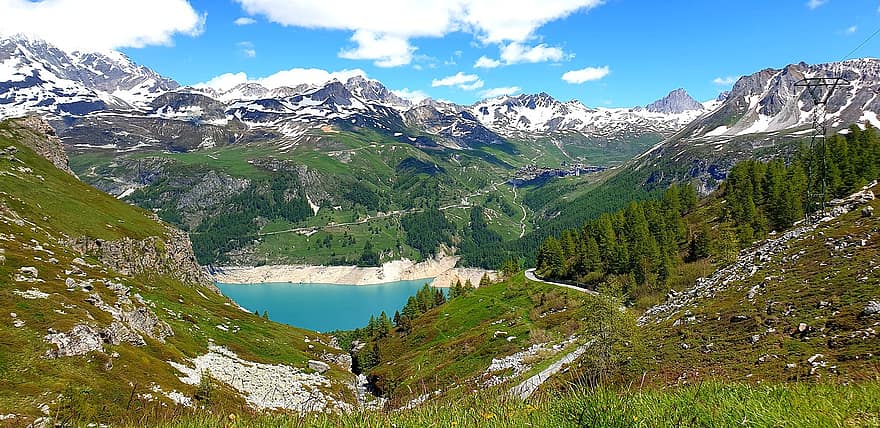 Berge, Natur, See, Landschaft, Gipfel, Schnee, Tal, szenisch, Berg, grüne Farbe, Sommer-