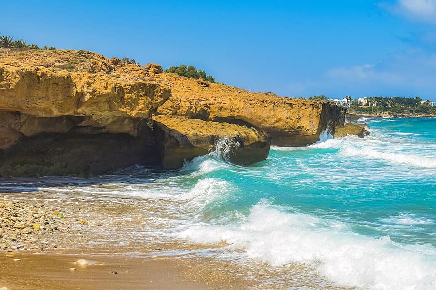 strand, zee, kust, golven, zomer, natuur, Cyprus, landschap