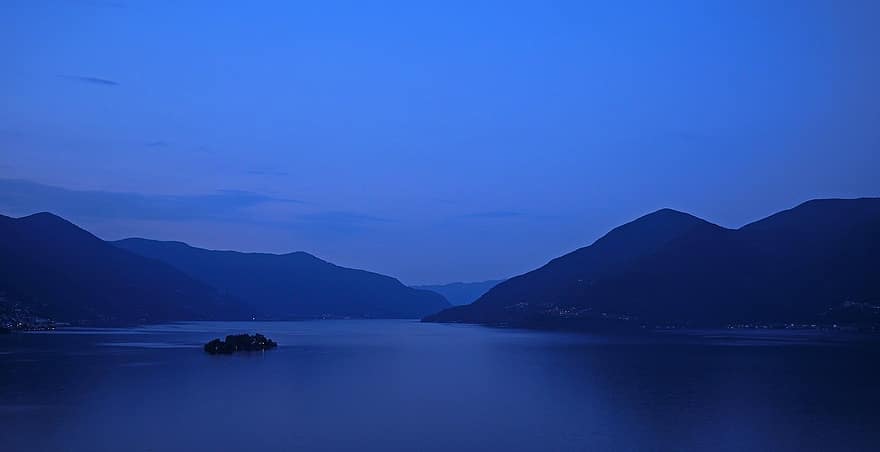 मैगी झील, सूर्य का अस्त होना, पहाड़ों, झील, Brissago, नीला घंटा, परिदृश्य, स्विट्ज़रलैंड, पानी, नीला, पर्वत