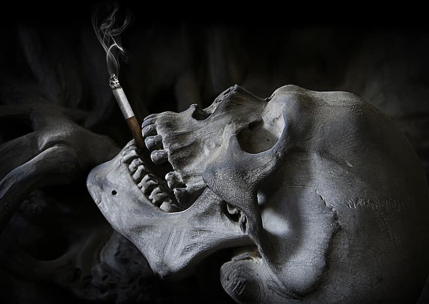 koponya, cigaretta, halál, halálfej, halloween, Ijesztő, borzalom, Élőhalott, hátborzongató, dohányzó, füst