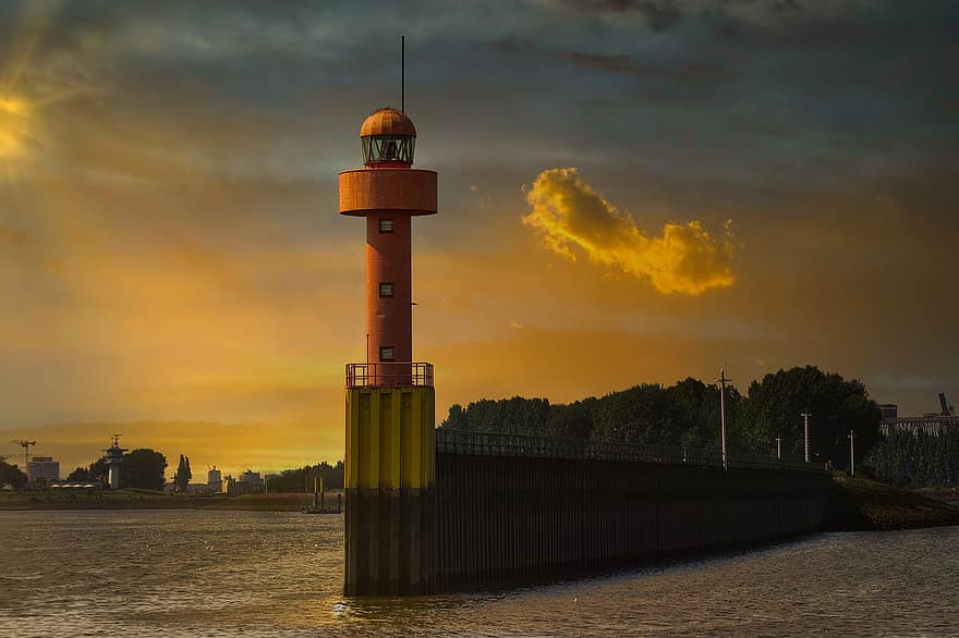 phare, rivière Weser, le coucher du soleil, île, rivière, Bremen, paysage, crépuscule, architecture, endroit célèbre, eau