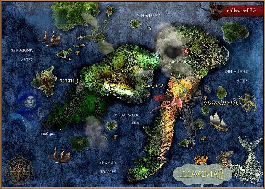 mapa, continents, fantasia, mar, mapa del món, drac, illa, oceà, navegació