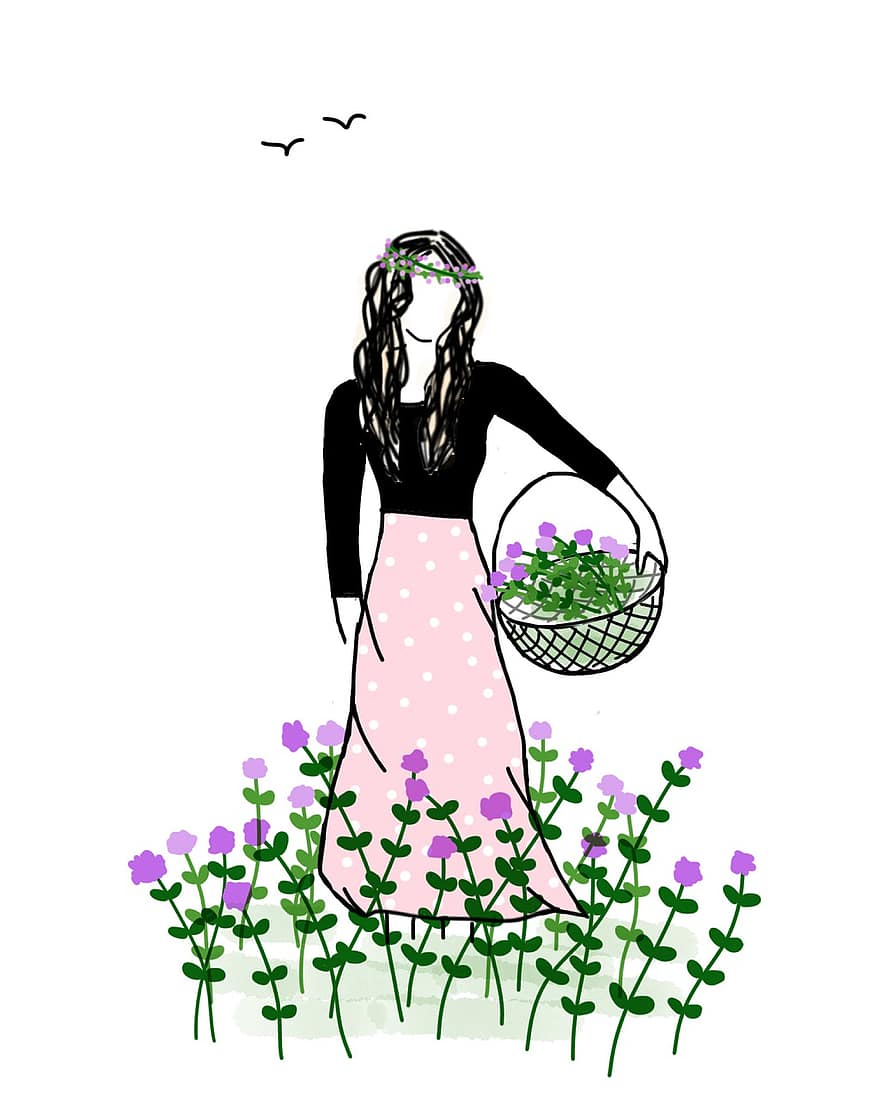 niña, canasta de flores, las flores, cesta, dama, púrpura, flor, flora, floración, primavera, naturaleza