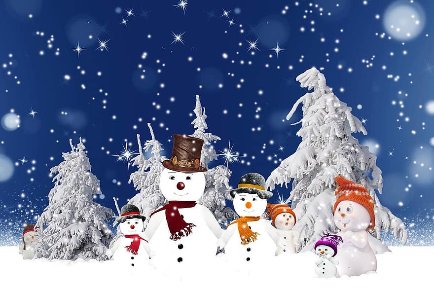 Snowman, Family, Winter, Snow, Frost, Trees, Parents, Children, Mother, Father, Forest