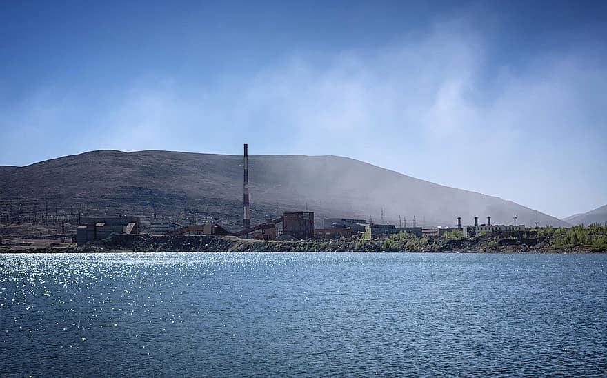 Murmanskas, gamykla, jūros, vanduo, kalnas, mėlyna, kraštovaizdį, kuro ir energijos gamyba, industrija, aplinką, maitinimo šaltinis