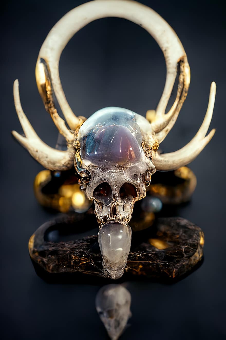 череп, еленови рога, бижута, богато украсен, декоративен, скъпоценен камък, опал, кристал, ахат, едър план, един обект
