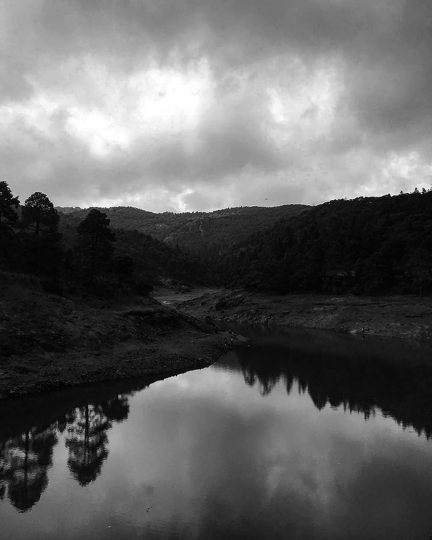 Forest, Lake, Black And White, Water, Reflection, Mountains, Trees, Woods, Scenic, Nature, Sky