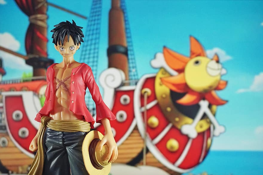 juguete, anime, personaje, pirata, masculino, sombrero, bote