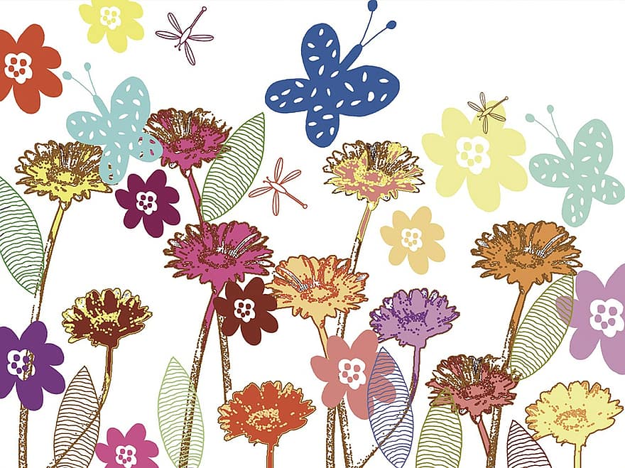 bunga-bunga, kupu-kupu, capung, padang rumput bunga, alam, penuh warna