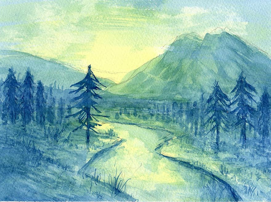 Nature, Painting, Art, Drawing, Sketch, Mountains, Trees