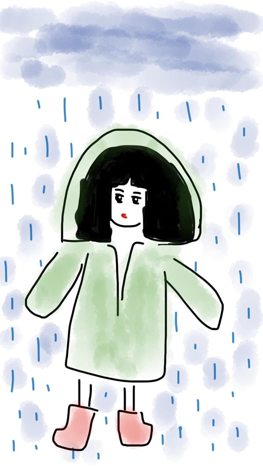 κορίτσι, αδιάβροχο, βροχή, γαλότσες, παιδί, καιρός, βροχερός, σκοτάδι, σύννεφο, συννεφιασμένος, βρεγμένος