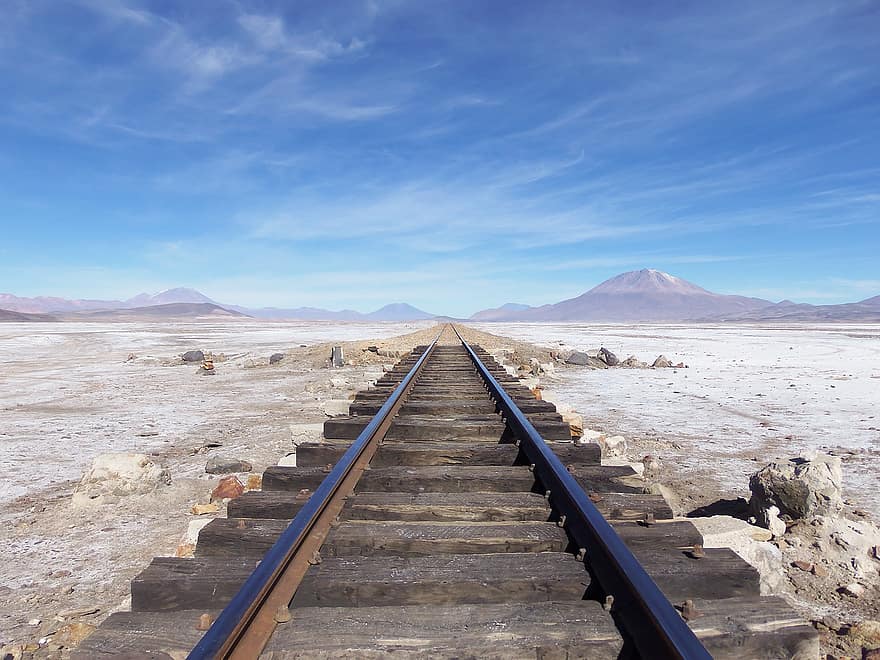 spoorweg, woestijn, landschap, het spoor, spoor, Spoorweg, natuur, hemel, Uyuni, Potosi, Bolivia