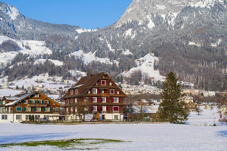 cases, cabines, poble, neu, hivern, tarda, suïssa, muntanya, paisatge, casa de camp, bosc
