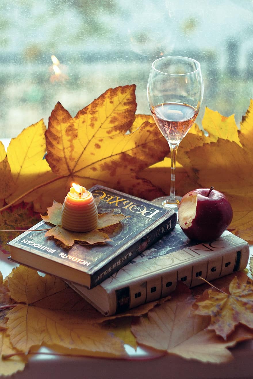 carte, măr, bibliotecă, frunze, lumânare