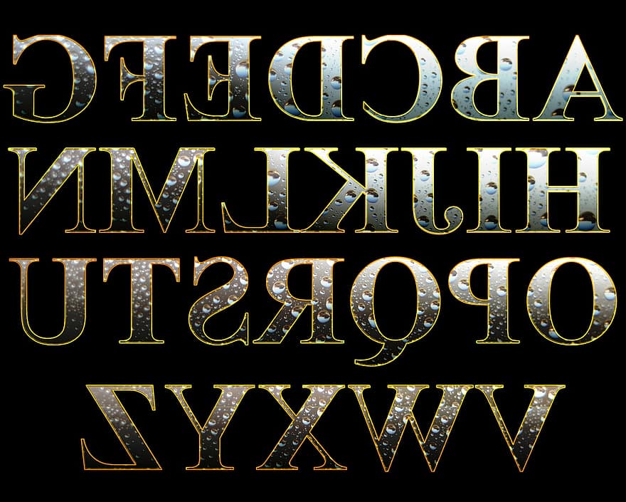 lletres, alfabet, conjunt, Buchstabenset, fresc, degoteig, pluja, noble, metall, daurat, plata