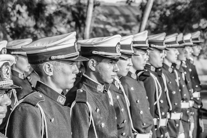 militar, formación, desfile, uniforme, gorra, fila