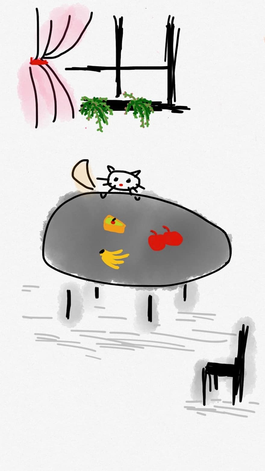 macska, asztal, élelmiszer, éhes, állat, aranyos, itthon, cica, torta, banán, cseresznye