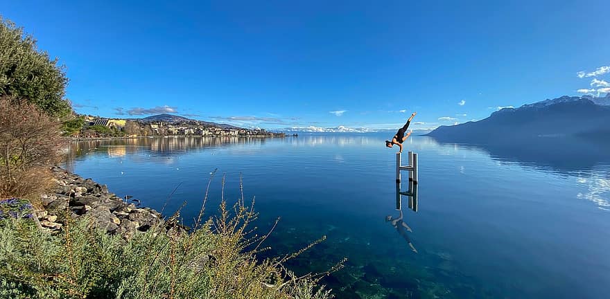 ežeras, joga, laikysena, Ženevos ežero regionas, vanduo, dangus, ramus, ramybė, pontonas, atspindys, Grynumas