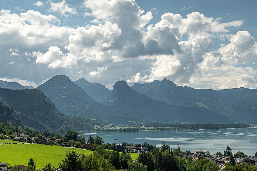 gunung, danau, bidang, pohon, pegunungan Alpen, alpine, pegunungan, awan, indah, alam, pemandangan