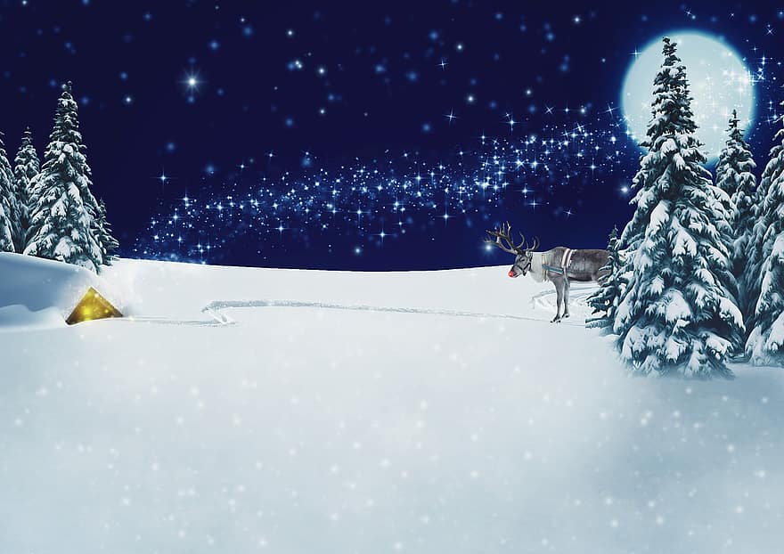 Navidad, fondo, reno, nieve, magia navideña, abetos, paisaje de invierno, tarjeta de Navidad, fondo de navidad