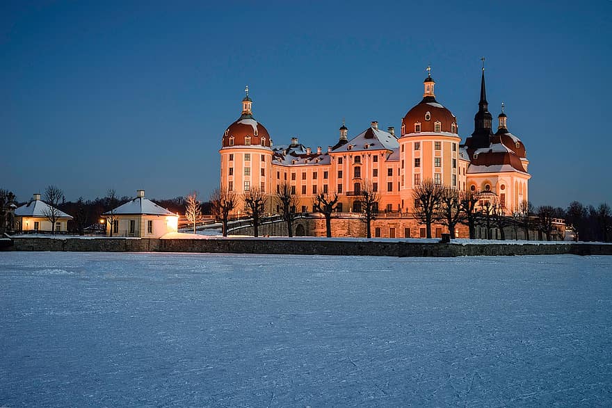 kastil moritzburg, Kastil, Arsitektur, salju, bangunan, fasad, kastil moritz, dresden, saksoni, tempat-tempat menarik, barok