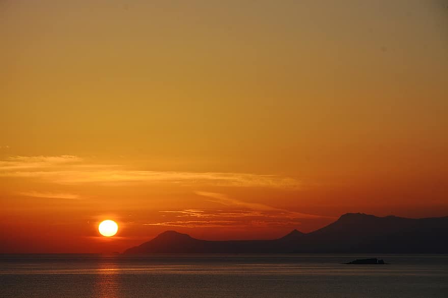 soloppgang, hav, fjellene, sol, sollys, silhouette, bukt, natur, scenisk, øy, Kreta