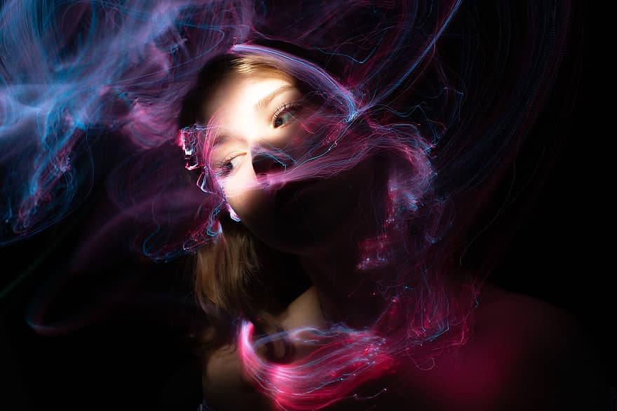 Woman, Face, Light Painting, Light, Girl, Portrait, Abstract, Colorful, Magical, Creative, Long Exposure