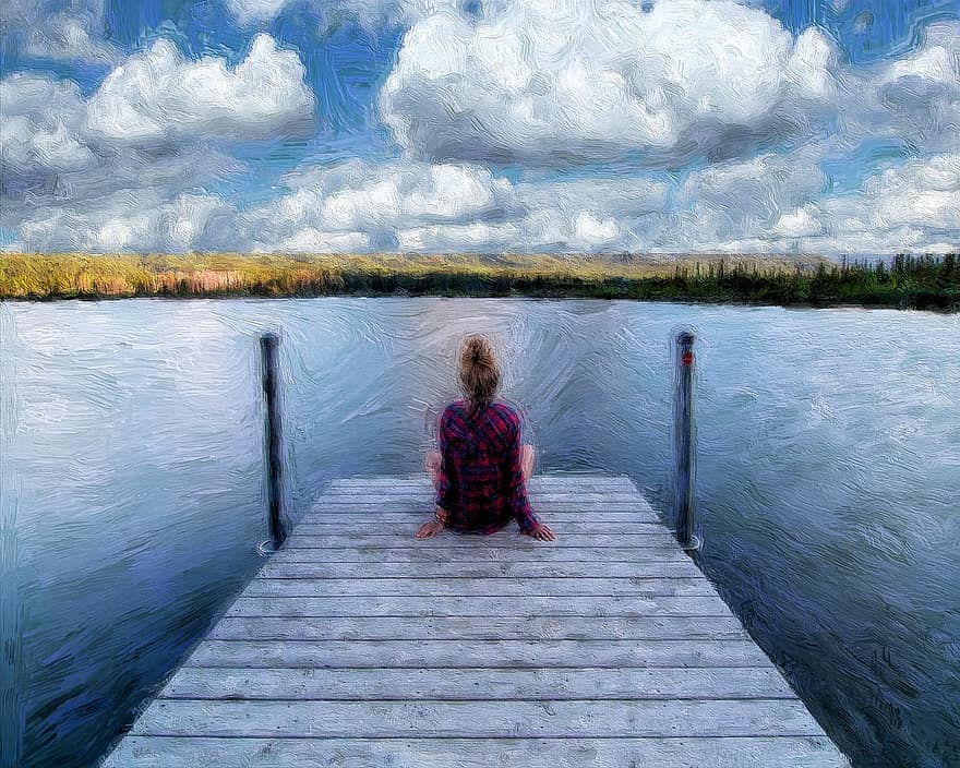 Lake, Woman, Painting, Dock, women, water, adult, jetty, lifestyles, one person, men