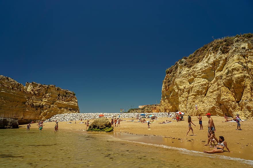 strand, nyári, Praia, Algarve, sziklák, víz, óceán, tenger, homok, tengerpart, emberek