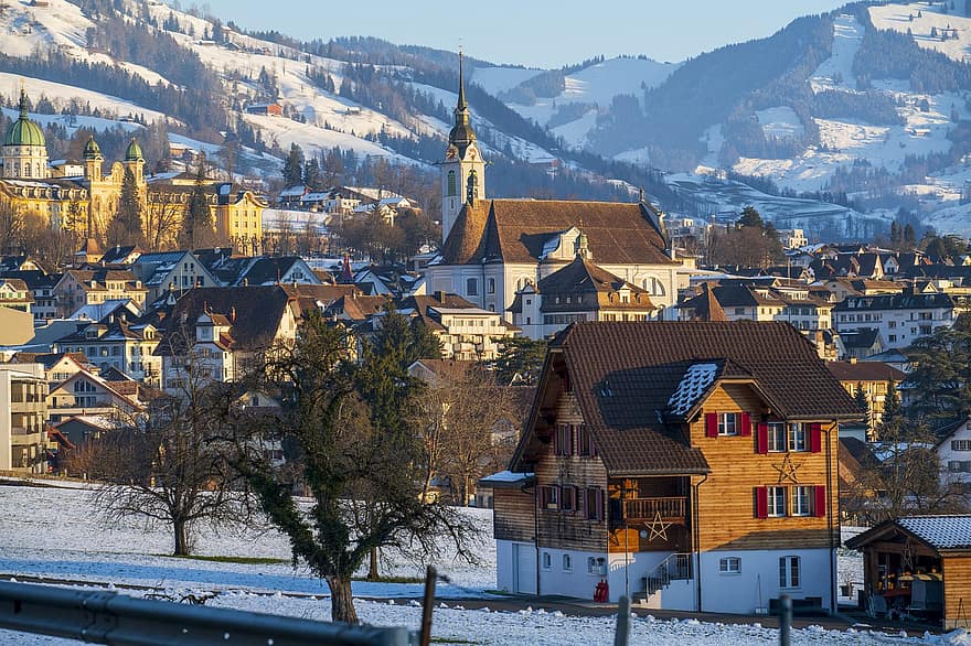 hus, hytter, by, snö, vinter-, kväll, schweiz, arkitektur, känt ställe, stadsbild, byggnad exteriör