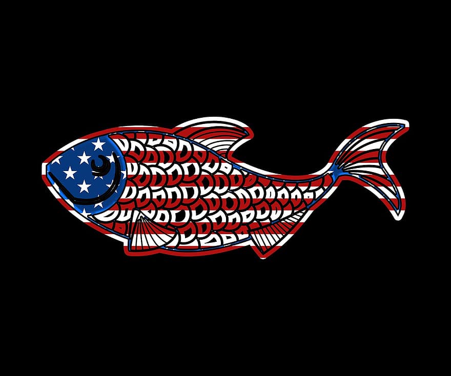 рыба, флаг, Соединенные Штаты Америки, животное, живая природа, изолированный, марочный, ретро, Изобразительное искусство, условное обозначение, значок