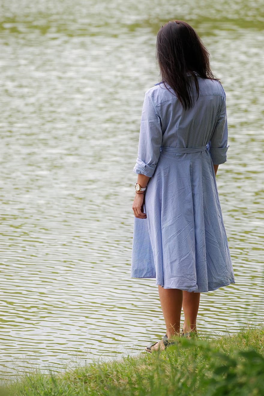 kvinne, kjole, innsjø, vann, natur