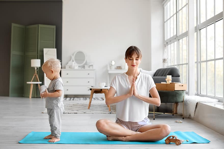 yoga, mamá, niño, ejercicio, familia, hembra, divertido, mujer, padre, juntos, formación