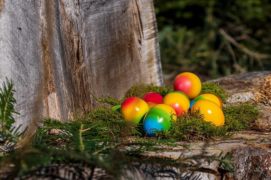 trứng, nhiều màu, trưng Phục Sinh, lễ Phục sinh, lễ hội phục sinh, thời gian phục sinh, món ăn, bữa ăn, cỏ, gỗ, màu xanh lục