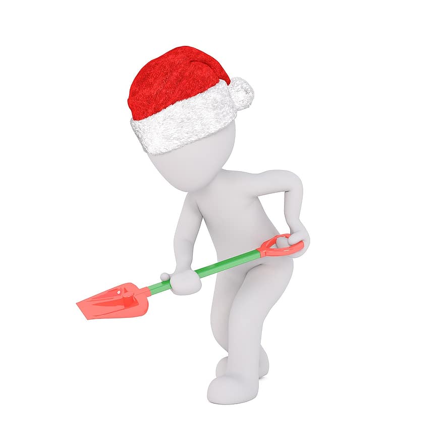 білий самець, 3D модель, повне тіло, 3d, білий, ізольовані, Різдво, капелюх Санта, лопата, шуппен, сніг