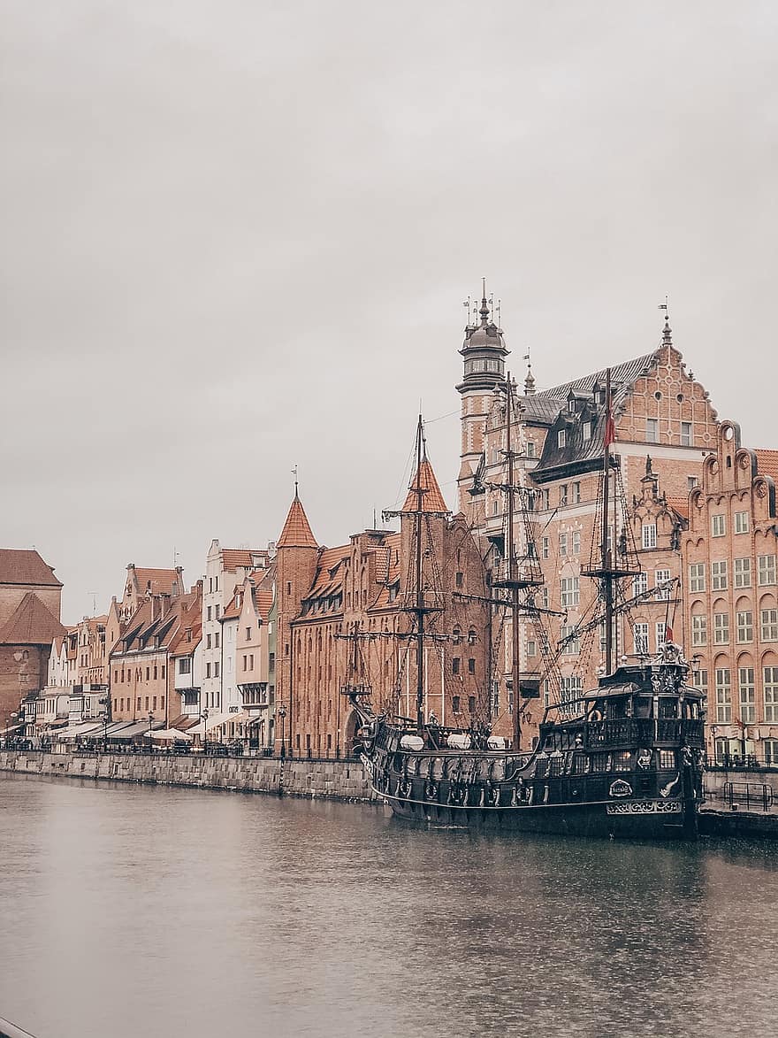 Gdaňsk, řeka, město, Polsko, Evropa