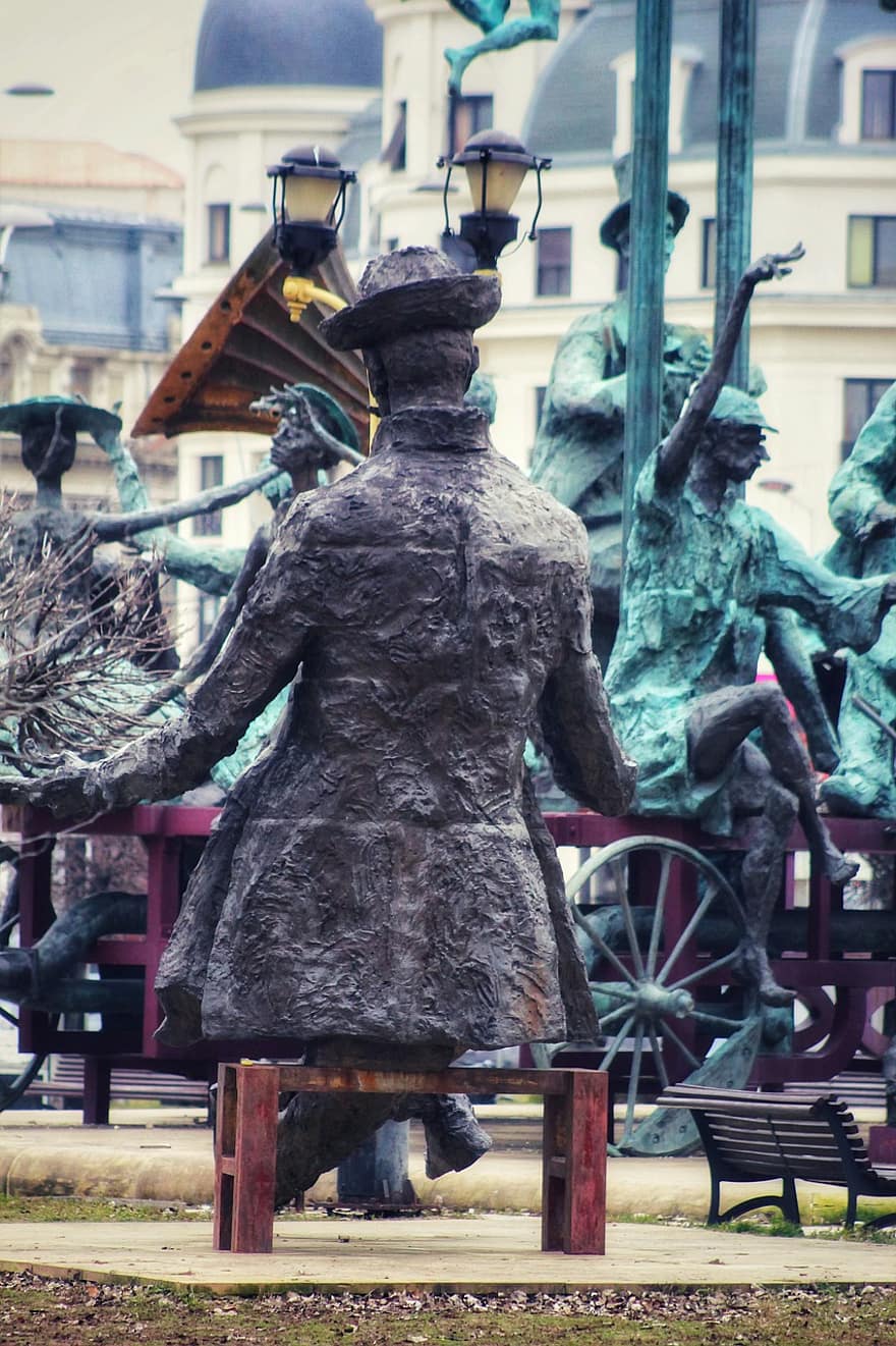Іон Лука Караджале, статуя, пам'ятник, скульптура, людина, сидячи, парк, театр, розваги, Бухарест