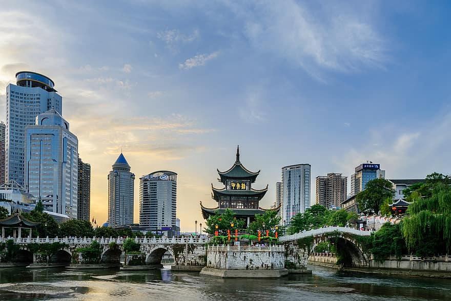 Čína, řeka, město, budov, most, soumrak, západ slunce, krajina, architektura, slavné místo, panoráma města