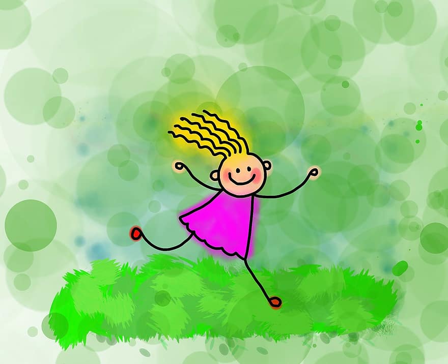 소녀, 어린이, 아이들, 달리는, 페인트, 사람들, 사람, 귀엽다, 만화, 그린 만화, 녹색 달리기