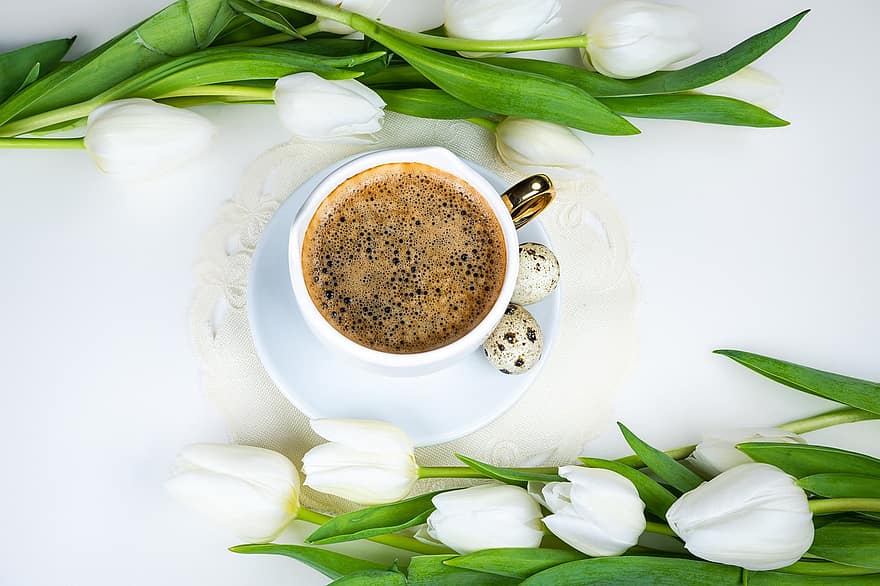 drikke, kaffe, forår, tulipaner, blomster, baggrund, tulipan, blomst, friskhed, buket, bord