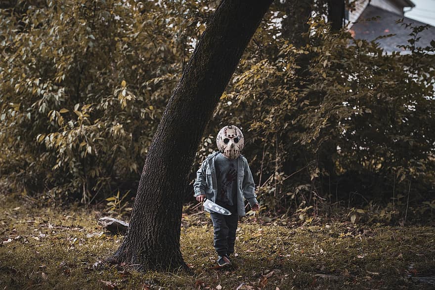 Jasón, máscara, horror, otoño, hombres, bosque, una persona, árbol, estilos de vida, hoja, niño