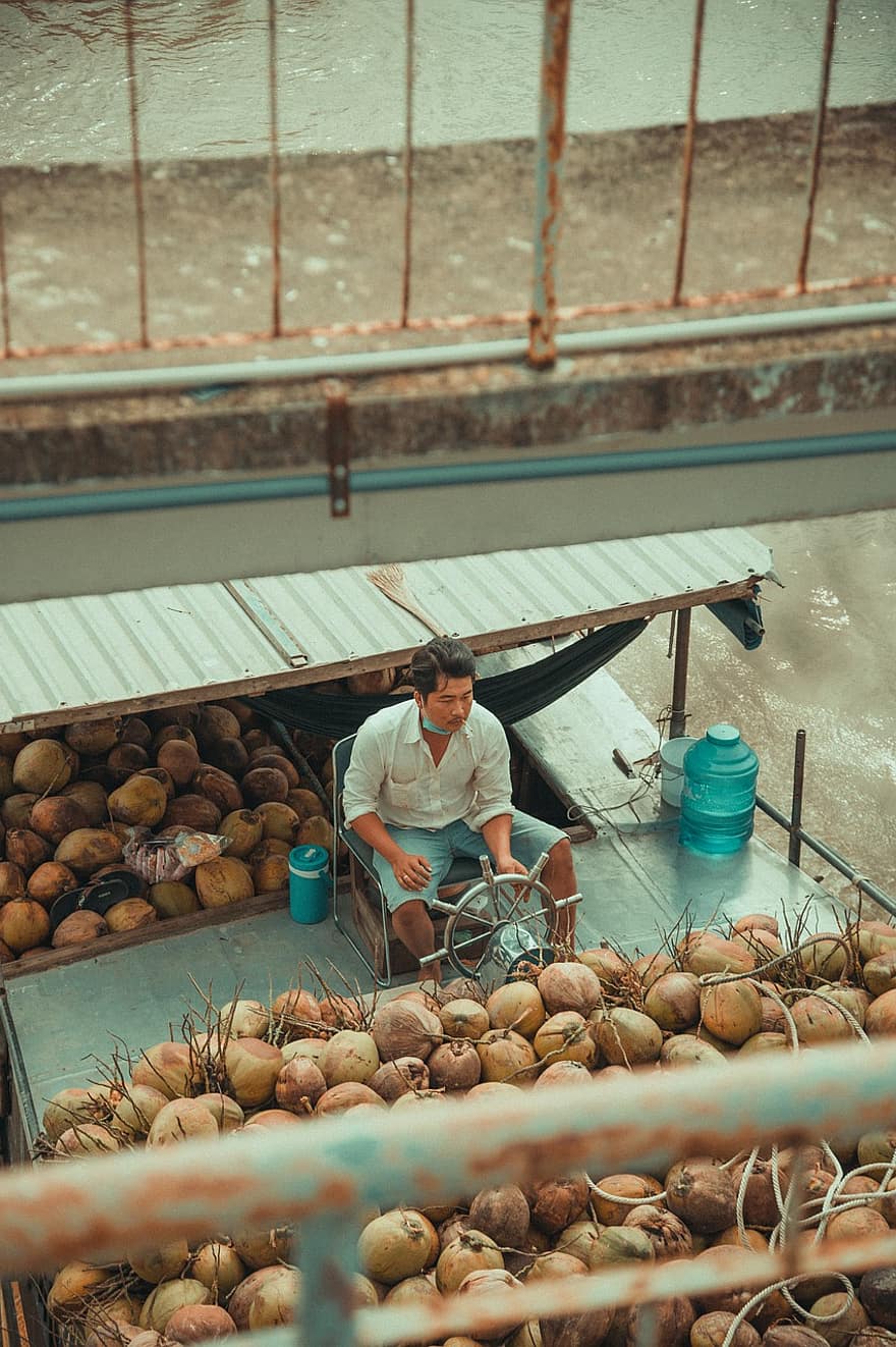 kokosový ořech, doprava, loď, řeka, venkov, muž, tropický, muži, pracovní, jídlo, dospělý