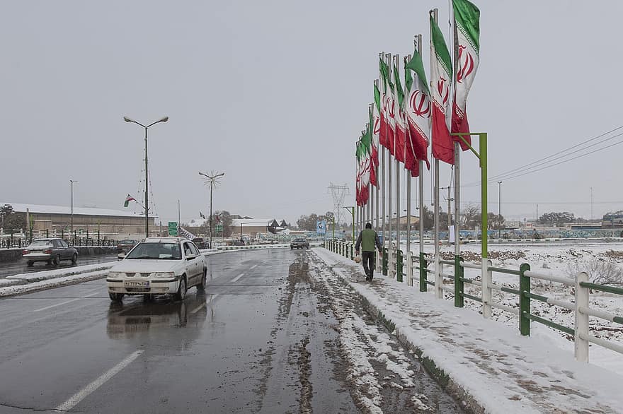 Droga, zimowy, śnieg, pora roku, samochód, qom, Miasto, miejski, krajobraz, widok, Iran